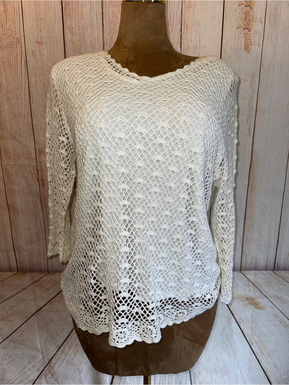 croft & barrow Cream White Crochet Openwork Scoop Neck Sweater, layered sz 1X
